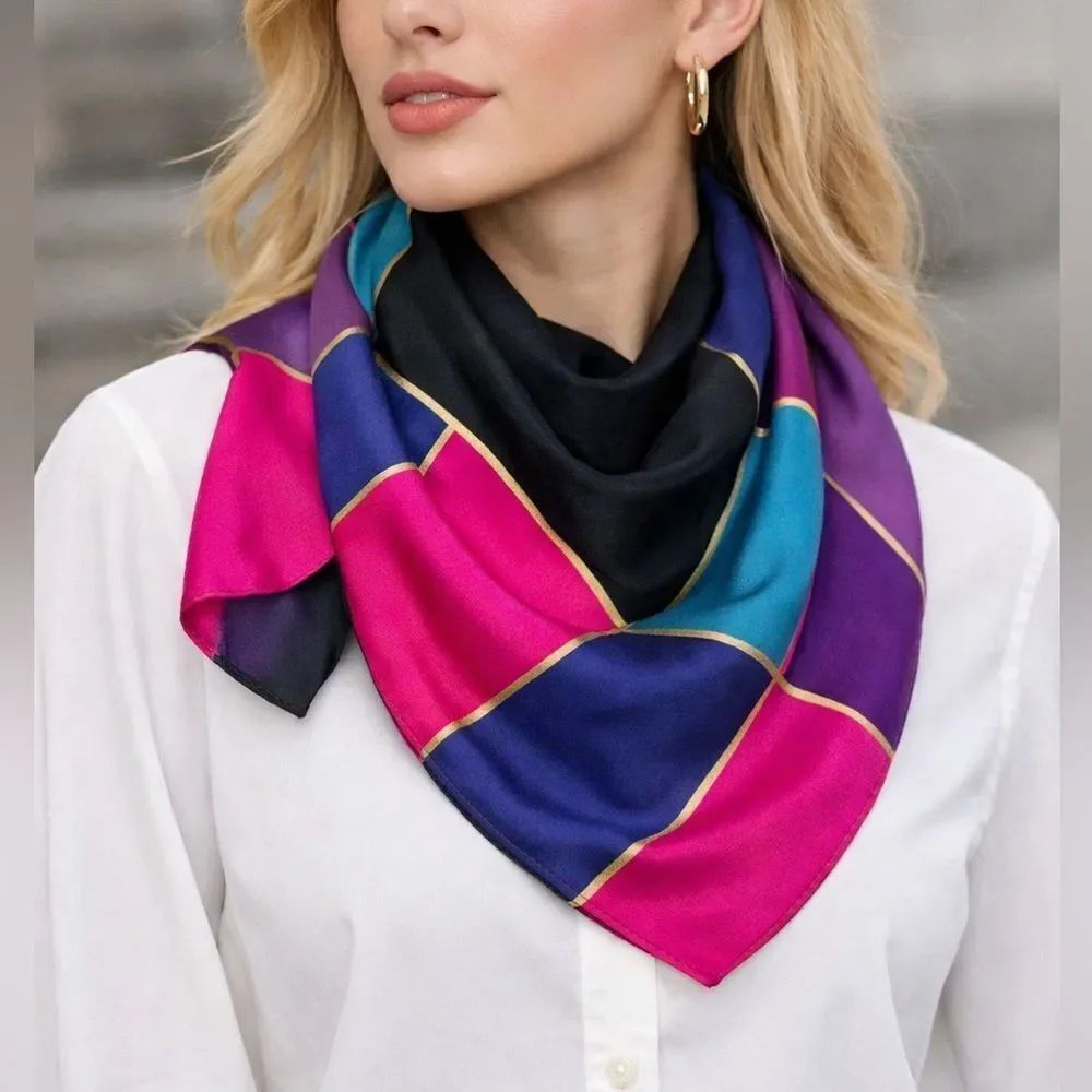 Silk Feel Hand Rolled Colorblock Square Scarf Black Purple Blue Pink